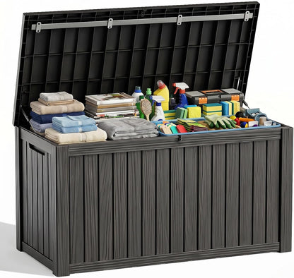 Waterproof Outdoor Storage Box Outside Deck Box Lockable Resin Bench UV Resistant Furniture Cushion Pool Tool Float Bin Patio Garden Porch (Black, 120 Gallon)