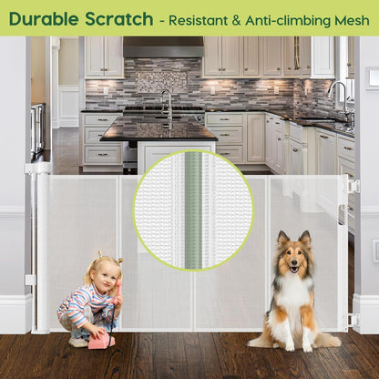 Reinforced 55" Wide Retractable Baby Gates with Reinforced Strips, Indoor/Outdoor Retractable Dog Gate for Doorway Prevent Bottom Drilling Through, No Bottom Bar Safety Mesh Baby Gate for Stair, Black