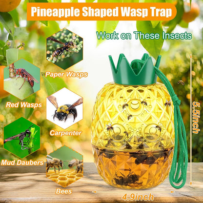 4 Pack Wasp Trap Outdoor Hanging, Reusable Yellow Jacket & Hornet Trap with Bait Reservoir, Durable Outdoor Bee Catcher for Garden, Patio, Orchard, Pineapple Design