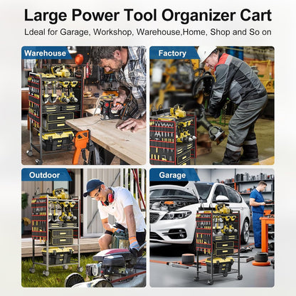 5-Tier Power Tool Organizer Cart with Charging Station - 8 AC Outlets, 300 lbs Heavy Duty Utility Rack, Rolling Drill Holder & Tool Storage Cart on Wheels for Garage, Workshop, Gift,Red