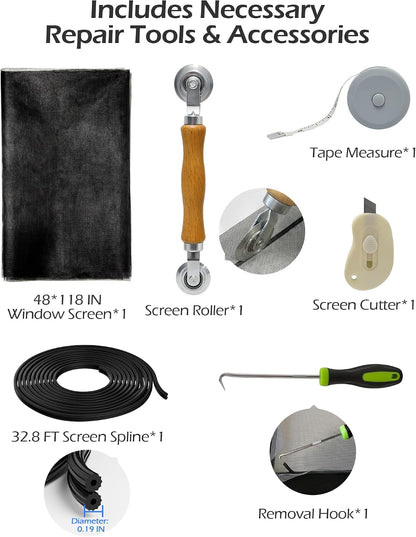 Replacement Window Screen Door Repair Kit - 48"x118" Durable Mesh Screen with Tools - DIY Window/Sliding Door/Porch Screens Replacement for Home, RV & Patio