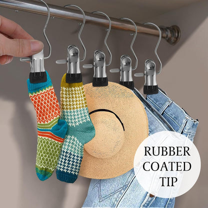 50PCS Space-Saving Clothespin Hat Pants Storage Hanging Travel Hook, Portable 360° Rotating Stainless Steel Hanging Hook Clips Towel Clips,Laundry Hooks Hanging Clips with Clips for Home and Travel
