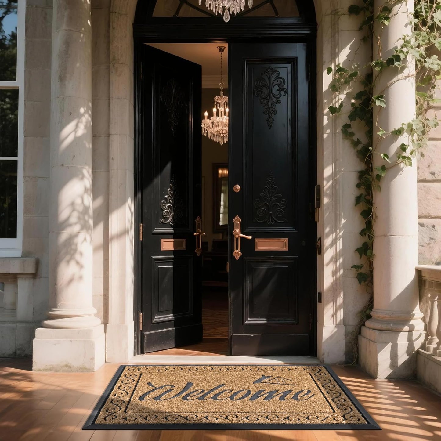 Yimobra Welcome Mat, Heavy Duty Sturdy Door Mats for Home Entrance Outdoor Indoor, Front Doormat for Outside Patio Floor Entry Porch Garage Office, Waterproof, Low Profile, 29.5x17, Black Grey