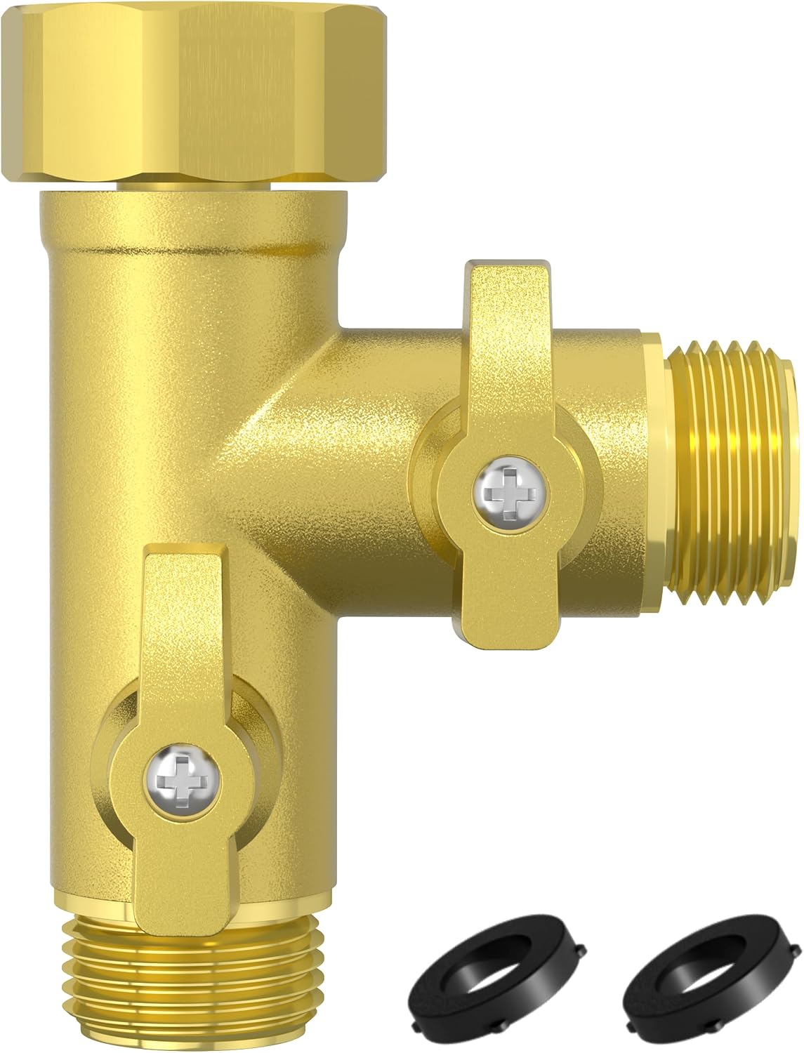 High Flow Solid Metal 2 Way ├ Type Garden Hose Splitter with Shut-Off Valves, 360 Degree Rotation 3/4" Spigot Faucet Connectors with 2 Extra Silicone Washers(Golden)