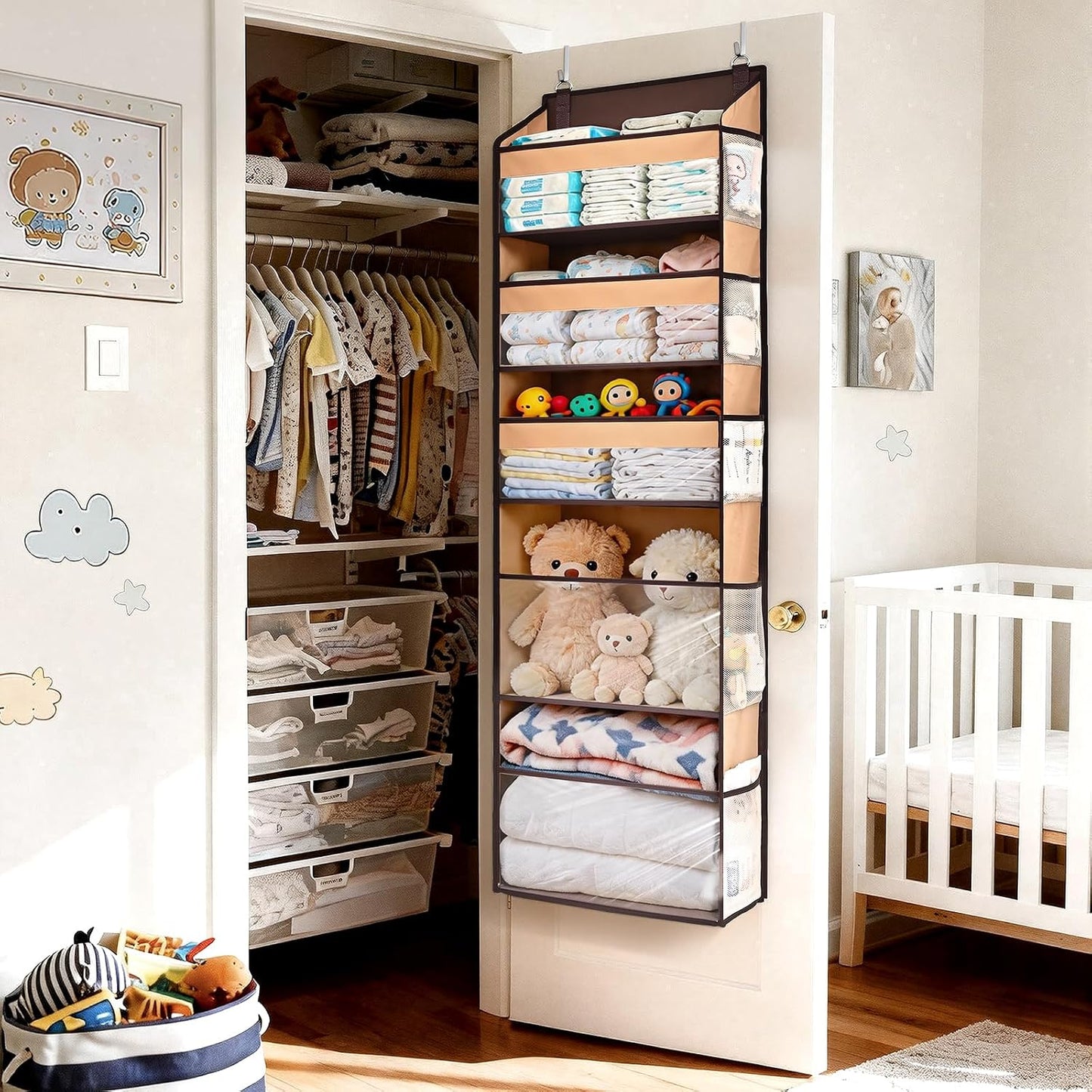 5 Tiers Over the Door Organizer with 10 Mesh Side Pockets, 44 lbs Weight Capacity Closet Hanging Storage Organizer with Large Clear Window Kids Toys, Shoes, Diapers, Beige