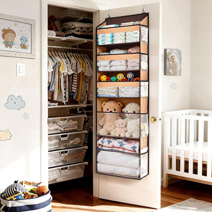 5 Tiers Over the Door Organizer with 10 Mesh Side Pockets, 44 lbs Weight Capacity Closet Hanging Storage Organizer with Large Clear Window Kids Toys, Shoes, Diapers, Beige