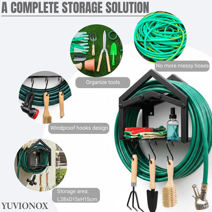 Stainless Steel Garden Hose Holder Wall Mount, Heavy Duty Hose Hanger Wall Mount with Storage Holds Up to 150ft Hose, Black Wall Mounted Hose Holder for Outside Garden, Garage, Anti-Rust