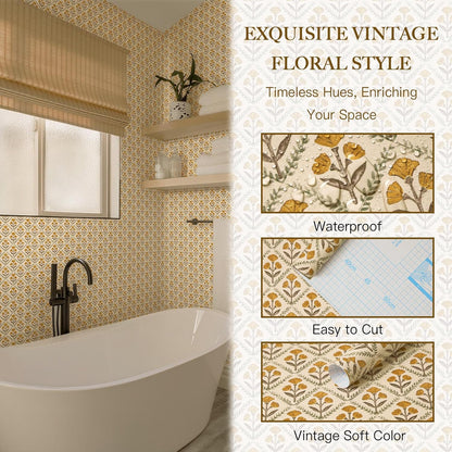 Dimoon 17.3''x78.7'' Peel and Stick Wallpaper Floral Cute Contact Paper Vintage Village Country Cottage Wallpaper Farmhouse Yellow Beige Renter Friendly Geometry Waterproof Embossed Kitchen Bedroom
