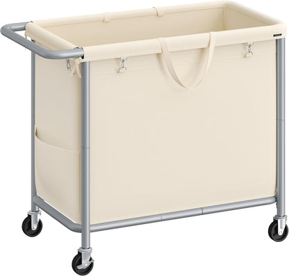 SONGMICS Laundry Basket with Wheels, 3-Section Rolling Laundry Hamper, 52.8 Gallons (200 L), Removable Liner, Steel Frame with Handle, 35.8 x 15.4 x 31.9 Inches, Cream White URLS005W01