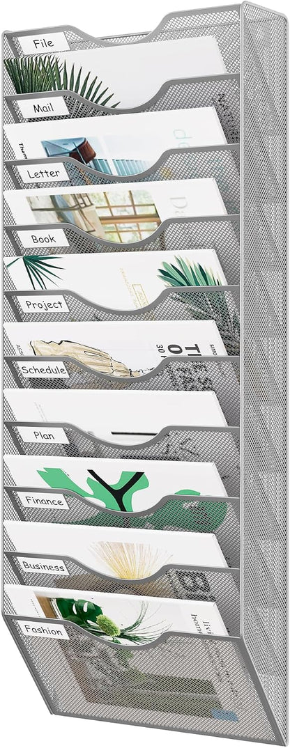 EasyPAG 5 Pocket Mesh Wall File Organizer with Key Hooks, Hanging Paper Folder Holder with Classify Label, Vertical Wall Mount Mail Organizer for Office Home Classroom, Black