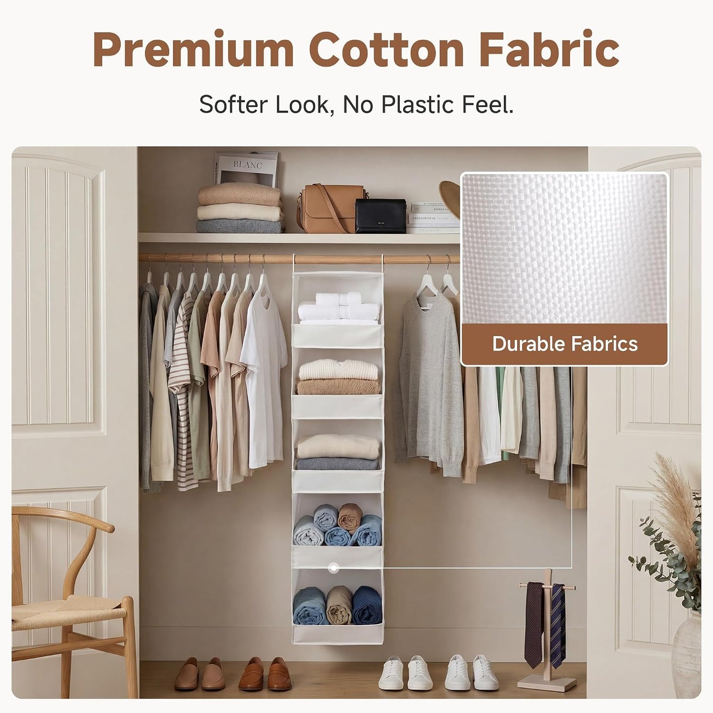 StorageWorks Basics Hanging Closet Organizer, 4-Shelf Wide Trapezoid Closet Shelves with Reinforced Anti-Sagging Support for Sweaters, Hoodies and Handbags, Foldable Storage Organizer, Beige