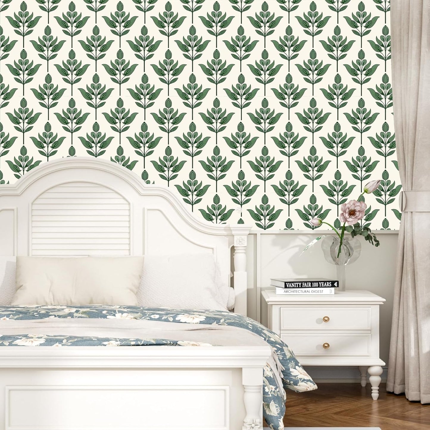 BOKEBEVE Leaves Contact Paper Floral Wallpaper Stick and Peel Boho Damask Wall Paper for Liner Drawer Cabinet Backsplash Renter Friendly Waterproof 17.5 x 118In