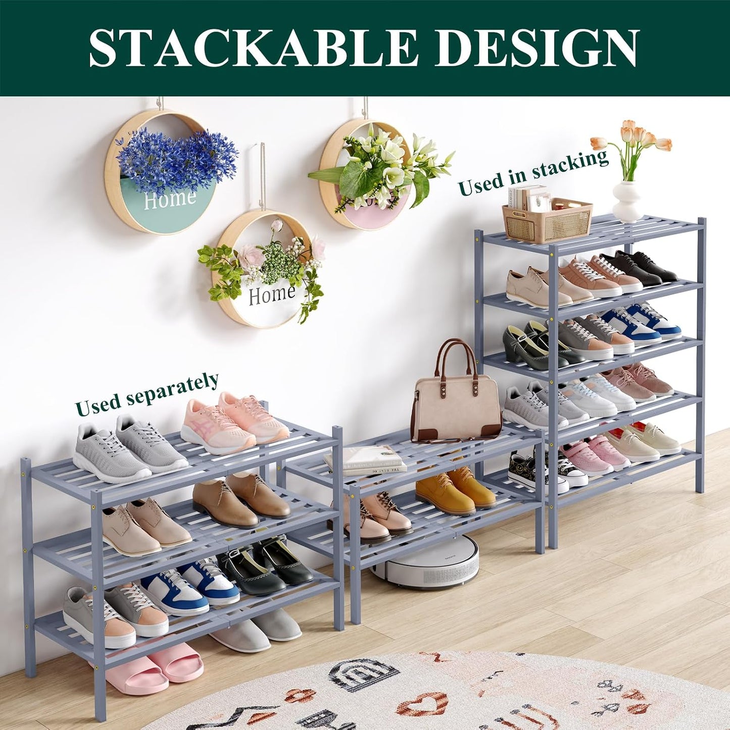 Smiry Bamboo Shoe Rack, 3 Tier Free Standing Wooden Shoe Organizer, Stackable Wood Shoe Storage Shelf for Closet, Entryway, 5 Horizontal Slats, 26.8"x11"x18.3", Natural