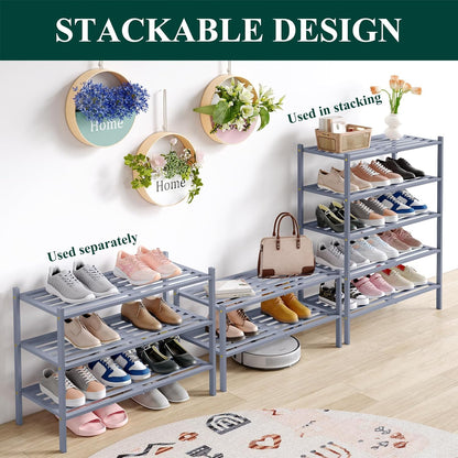 Smiry Bamboo Shoe Rack, 3 Tier Free Standing Wooden Shoe Organizer, Stackable Wood Shoe Storage Shelf for Closet, Entryway, 5 Horizontal Slats, 26.8"x11"x18.3", Natural