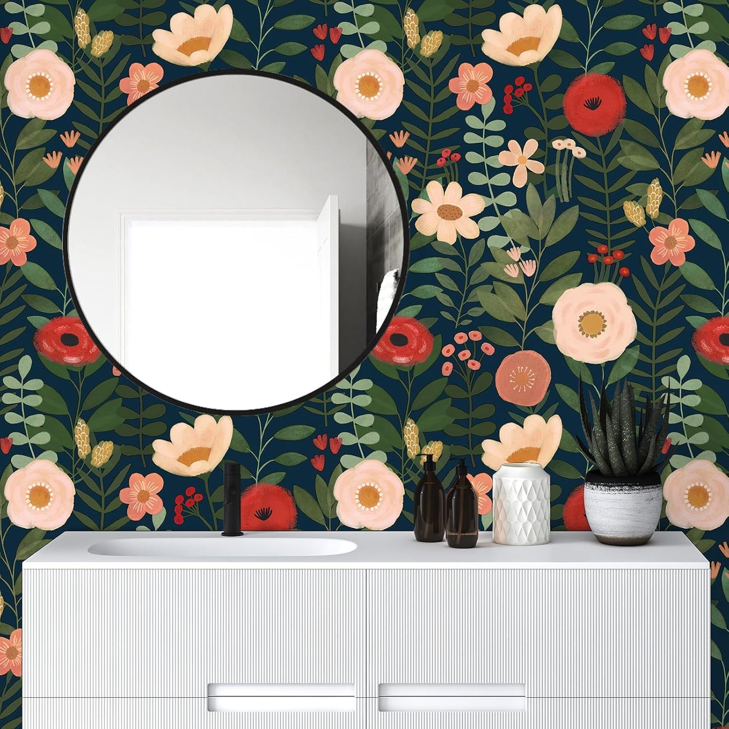HAOKHOME Floral Peel and Stick Wallpaper Boho Vintage Wall Paper Removable for Bathroom Nursery Beige/Pink/Red Contact Paper 17.3in x 9.8ft