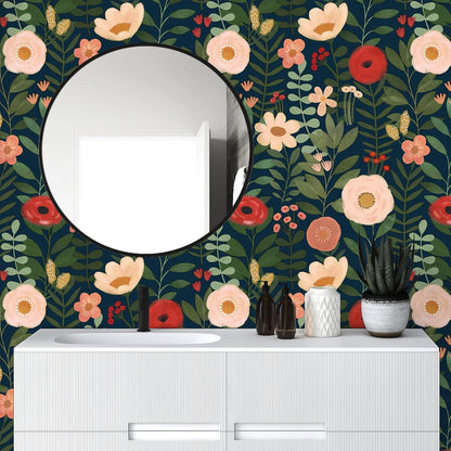 HAOKHOME Floral Peel and Stick Wallpaper Boho Vintage Wall Paper Removable for Bathroom Nursery Beige/Pink/Red Contact Paper 17.3in x 9.8ft