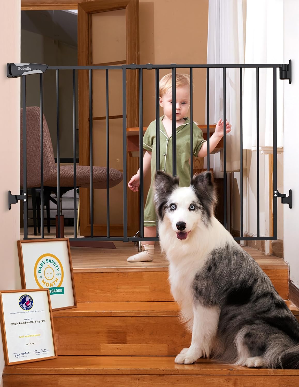 Babelio Baby Gate for Stairs, Kitchen & Doorways, No Bottom Bar| One-Handed Operation| Auto-Close| Hardware Mount (Drill Needed) Safety Dog/Pet Gate (Black - B17, 26-43" W, 28" H)