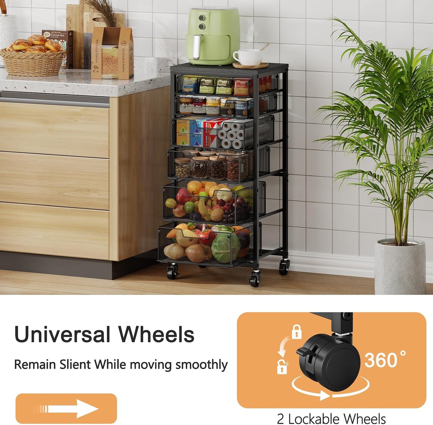 4 Tier Kitchen Rolling Cart, Kitchen Storage Cart with Wheels, Adjust Pantry Organizer and Storage Cart with Drawer, Fruit Vegetable Spice Storage Cart, Wooden Top Metal Kitchen Organizer Rack Stand
