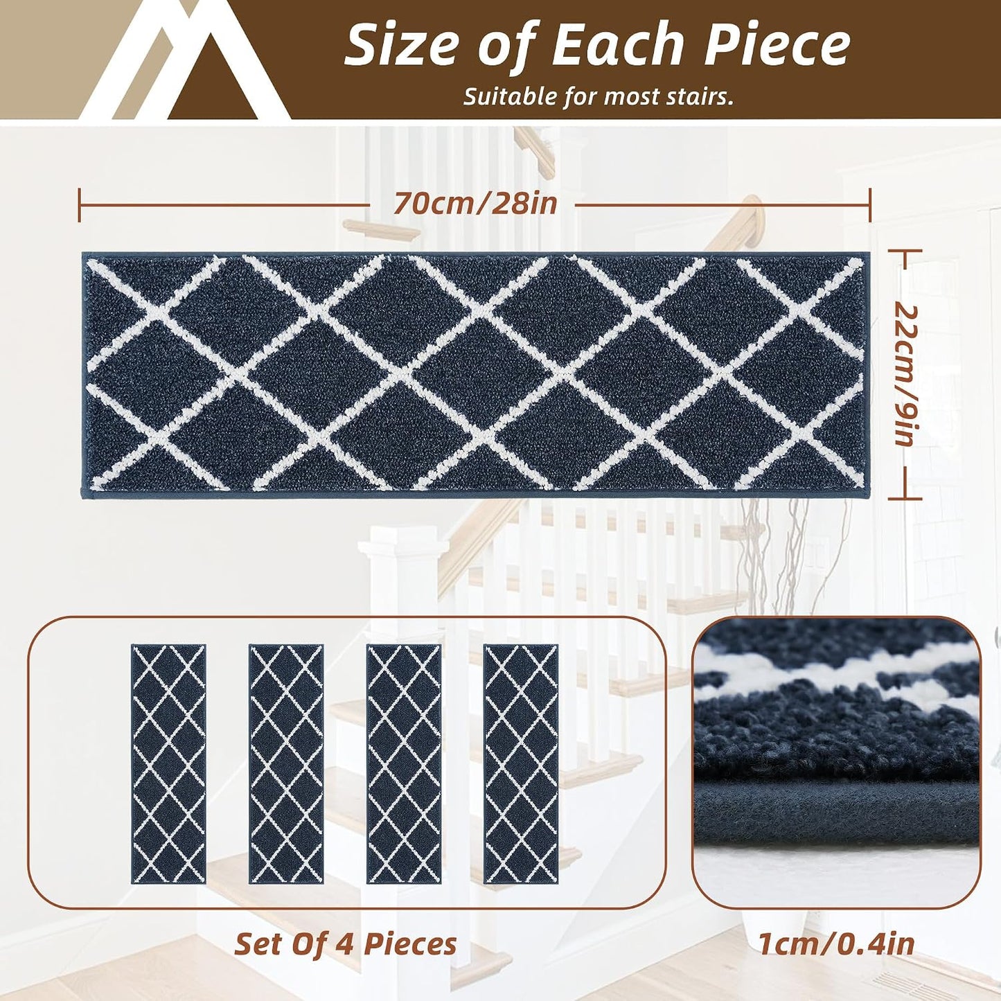 COSY HOMEER Carpet Stair Treads for Wooden Steps Non-Slip Indoor,4pcs, Navy | Peel and Stick,Reusable Adhesive,Residue Free,Washable,Pet Friendly,Soft Stair Runner for Kids,Elders,Multi-Surface Use