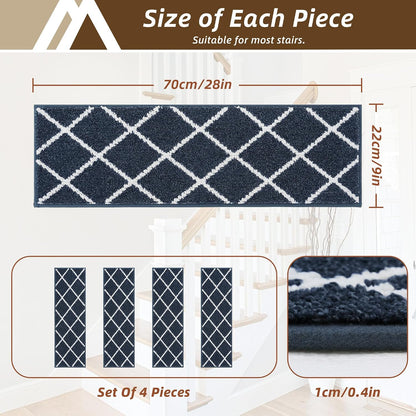 COSY HOMEER Carpet Stair Treads for Wooden Steps Non-Slip Indoor,4pcs, Navy | Peel and Stick,Reusable Adhesive,Residue Free,Washable,Pet Friendly,Soft Stair Runner for Kids,Elders,Multi-Surface Use