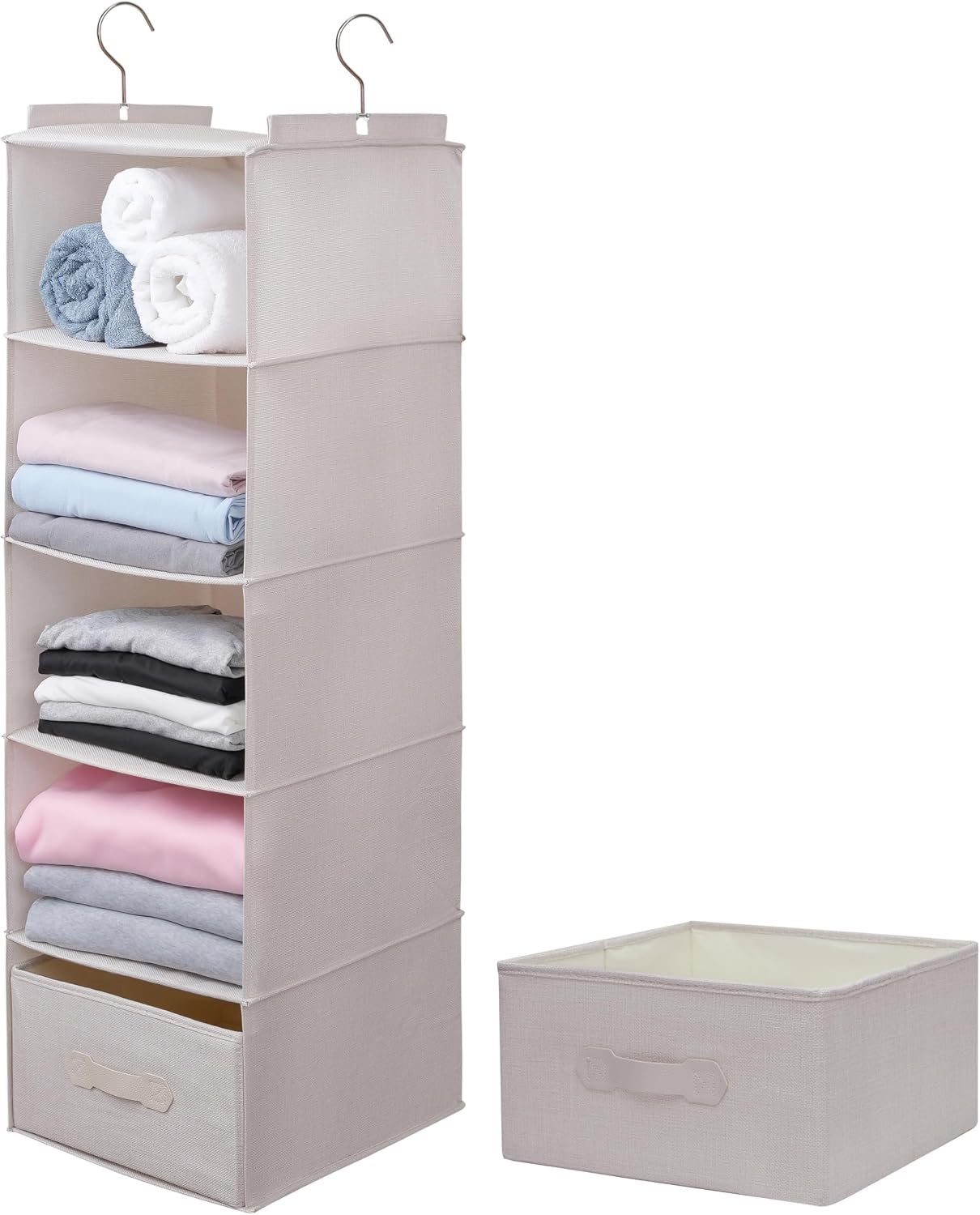 Large Hanging Sweater Organizer for Closet,Collapsible 6-Shelf Hanging Closet Shelves with Drawers, Washable (Grey-6 Shelf)