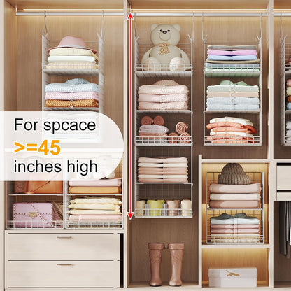 Yuyetuyo 5 Tier Closet Hanging Organizer and Storage Separable Hanging Closet Shelves with 4 Hooks 2 Adjustable Dividers, Wire Storage Basket Bins for Clothing Sweaters Socks Dolls Handbags, Foldable
