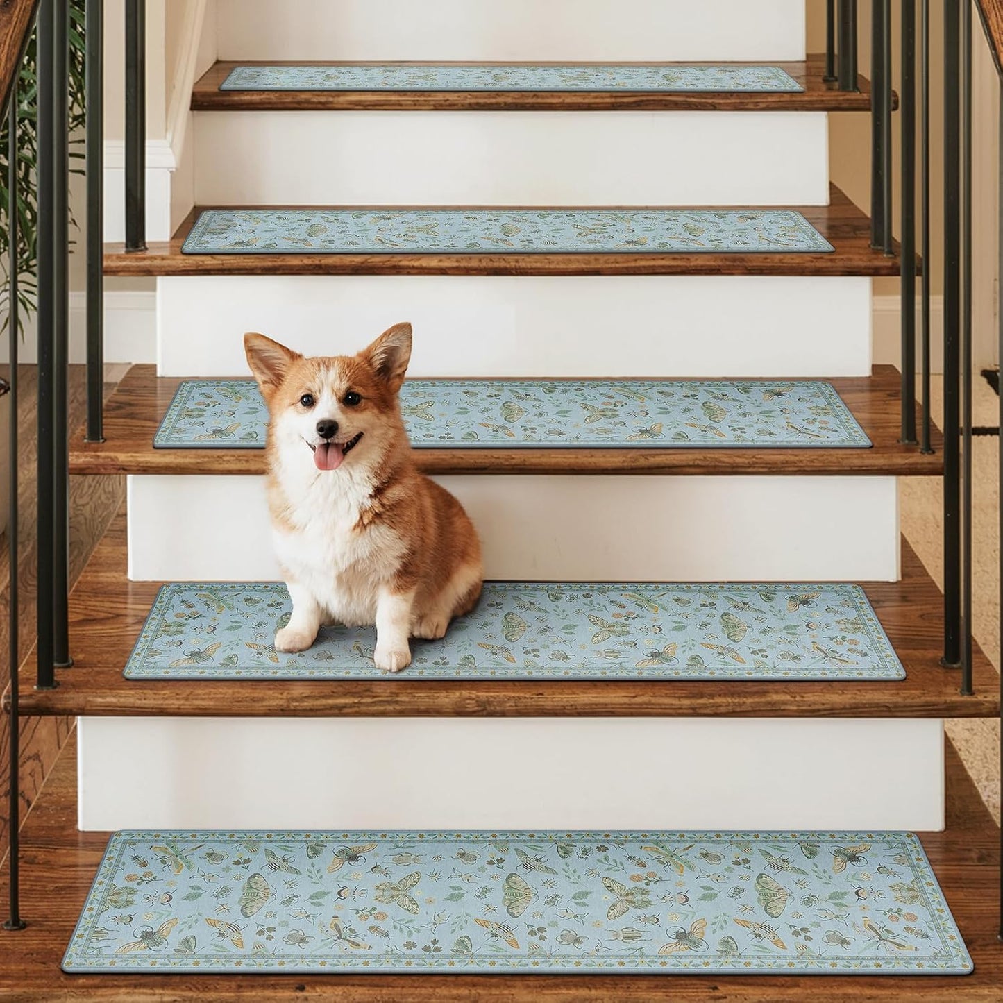OJIA Insect Print Stair Treads Non Slip Stair Runners for Wooden Steps Indoor, 15PCS 8"x30" Rubber Backing Carpet Treads for Wood Stairs Staircase Step Treads for Kids & Dogs, Stair Covers, Black