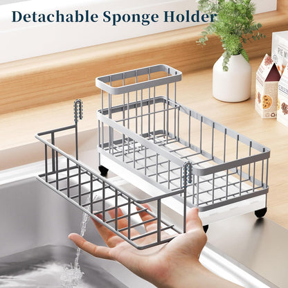 Consumest Sponge Holder for Kitchen Sink - Auto Draining Sink Caddy Organizer with Detachable Rack, High Brush Holder, Kitchen Countertop Storage Accessories, Black