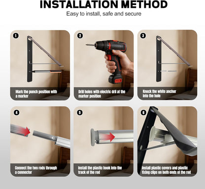 Retractable Wall Mounted Drying Rack,with 2 Racks + Rod, Retractable Fold Mounted Clothes Hanger Rack for Laundry Room, Closet & Balcony