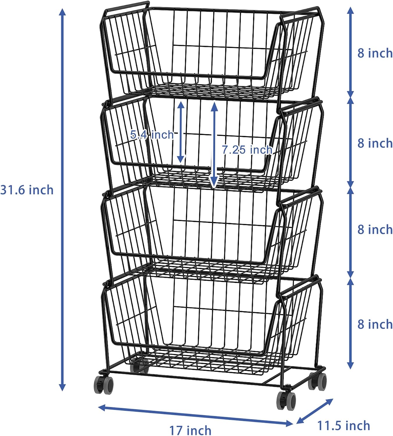 PUSDON 6-Tier Tall Stackable Wire Storage Baskets with Wheels, Vertical Metal Rolling Utility Cart, High Capacity Produce Basket for Kitchen Pantry, Snack Organizer, Matte Black