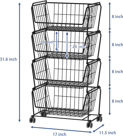 PUSDON 6-Tier Tall Stackable Wire Storage Baskets with Wheels, Vertical Metal Rolling Utility Cart, High Capacity Produce Basket for Kitchen Pantry, Snack Organizer, Matte Black
