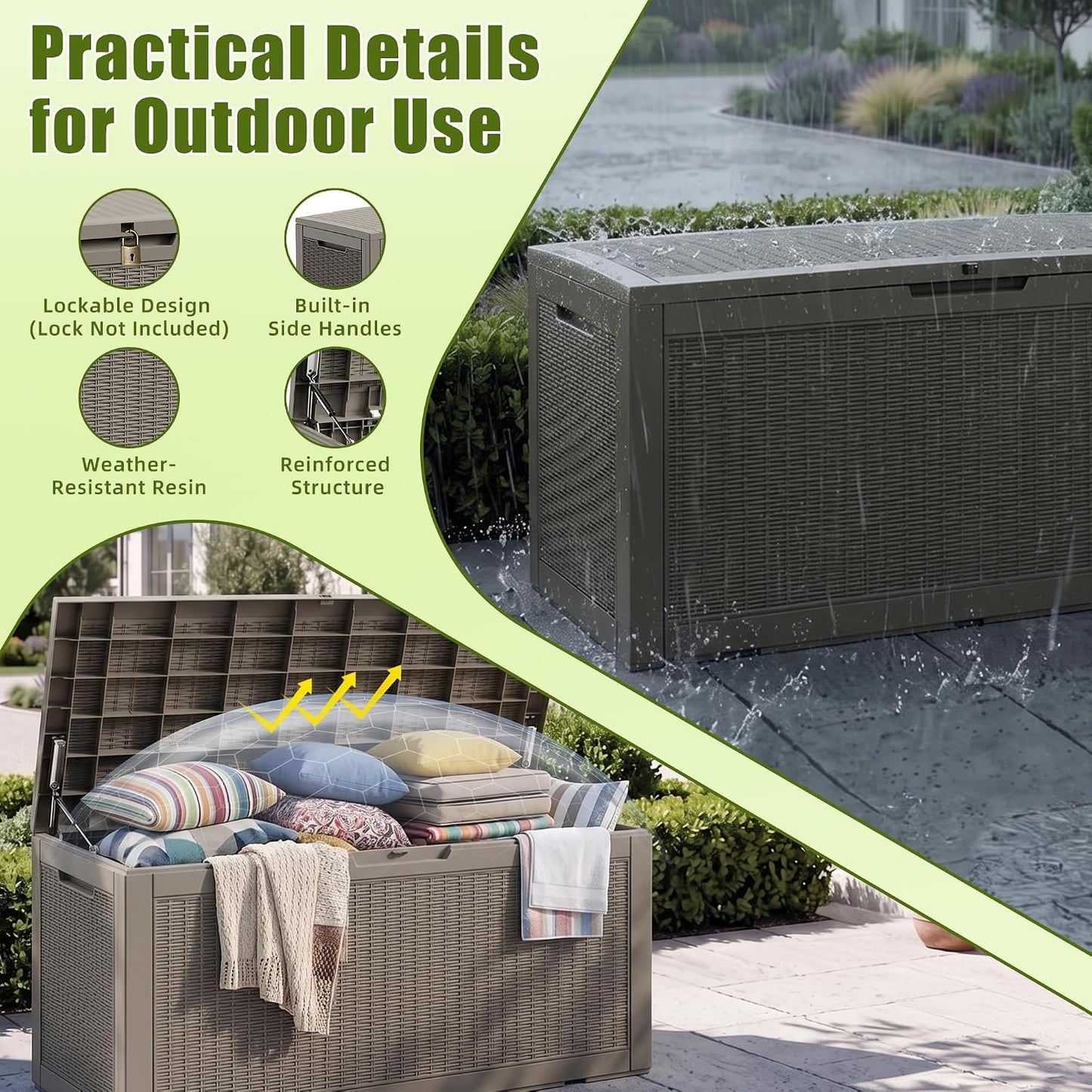 ROJIK 120 Gallon Waterproof Outdoor Deck Storage Box, Lockable Resin Patio Storage Bin with Lid for Garden Tools, Patio Cushions & Outdoor Accessories(Black)