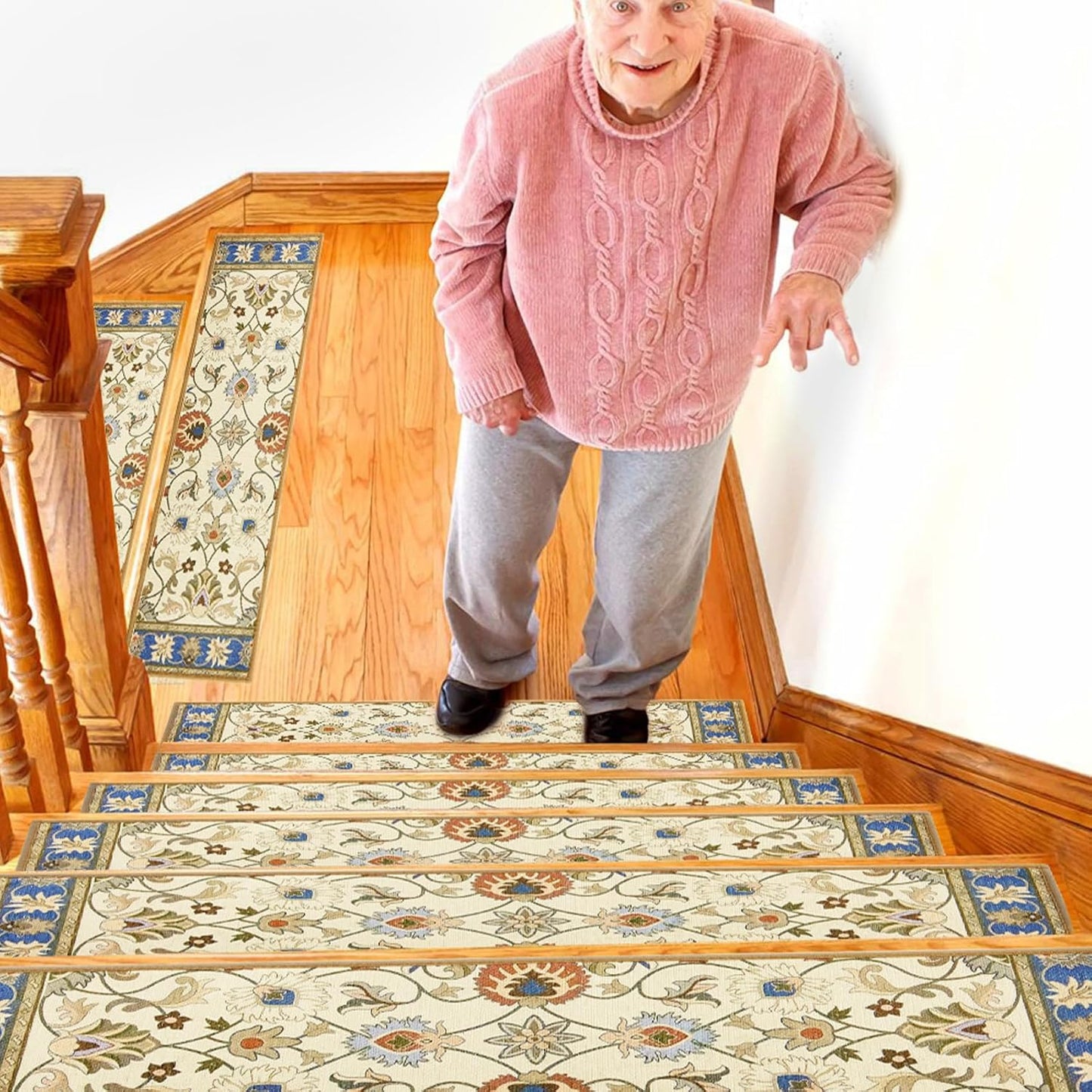 Stair Treads for Wooden Steps Indoor, 15 Pack 8" X 30" Non Slip Carpet Stair Treads with Reusable Adhesive for Kids Elders and Dogs, TPR Backing Stair Rugs Oriental Staircase Step Treads,Bohemia