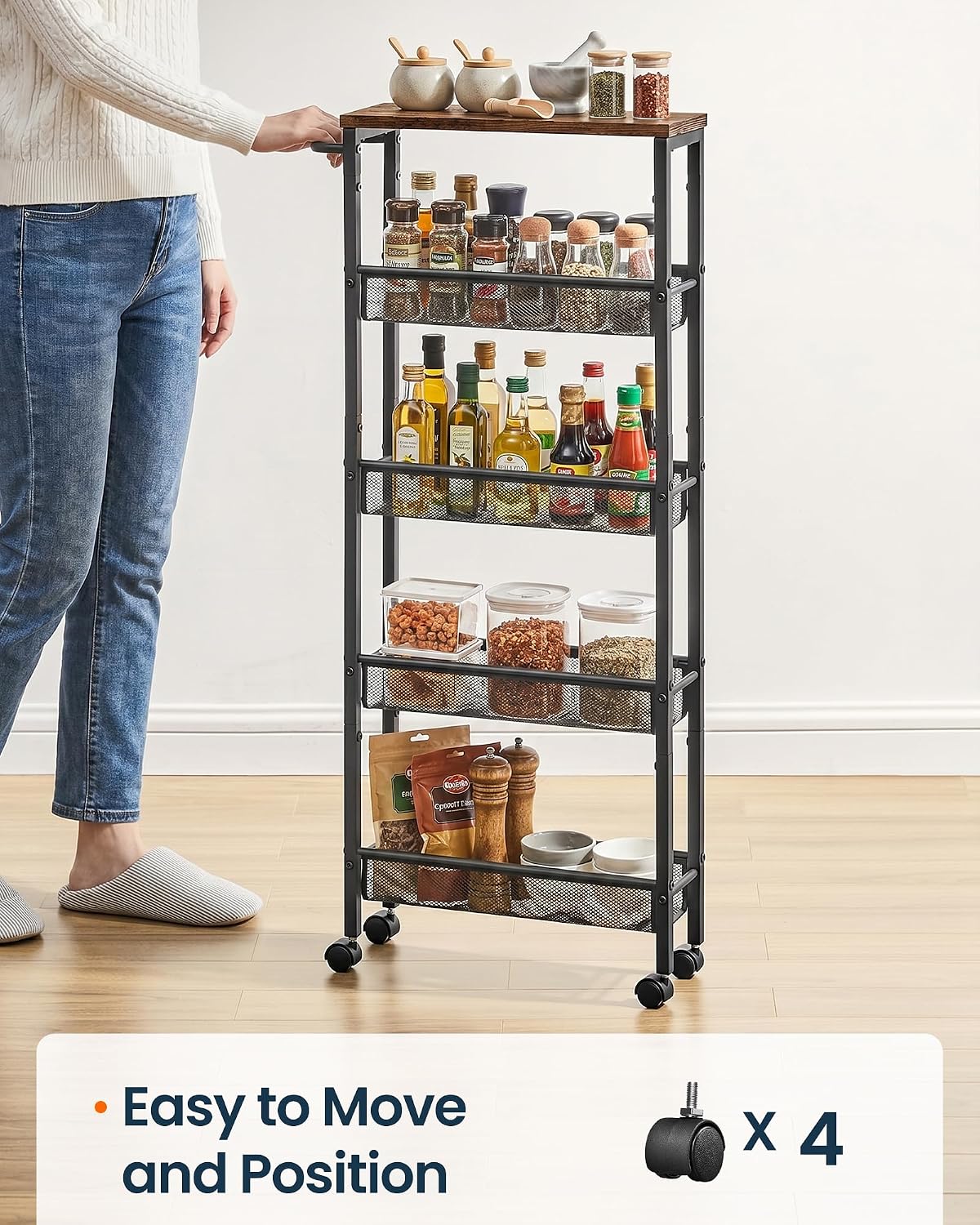 SONGMICS HOME Slim Rolling Cart, 4-Tier Storage Cart with Wheels and Handle, Narrow Utility Cart for Kitchen, Living Room, Brown and Black