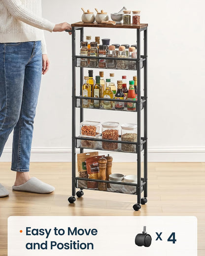 SONGMICS HOME Slim Rolling Cart, 4-Tier Storage Cart with Wheels and Handle, Narrow Utility Cart for Kitchen, Living Room, Brown and Black