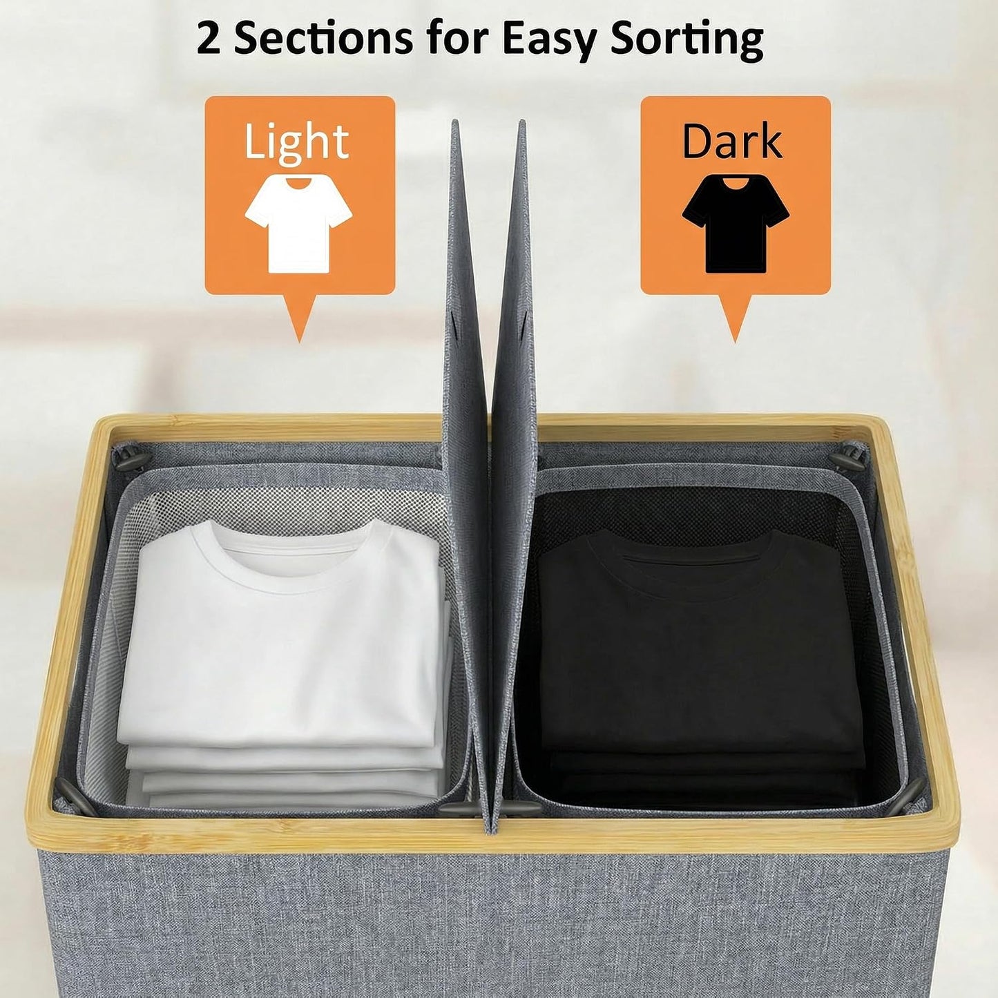 efluky Laundry Hamper with Lid, Trio Laundry Basket with 2 Removable Bags, 3 Section Laundry Bin with Bamboo Handles for Bathroom, Bedroom & Laundry Room, 160L (42.3 Gallon) Beige