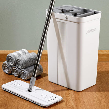 JOYMOOP Mop and Bucket Set, Flat Mops for Floor & Wall Cleaning, Commercial & Household Use, Hardwood Floor Mop with Long Handle & 4 Microfiber Pads