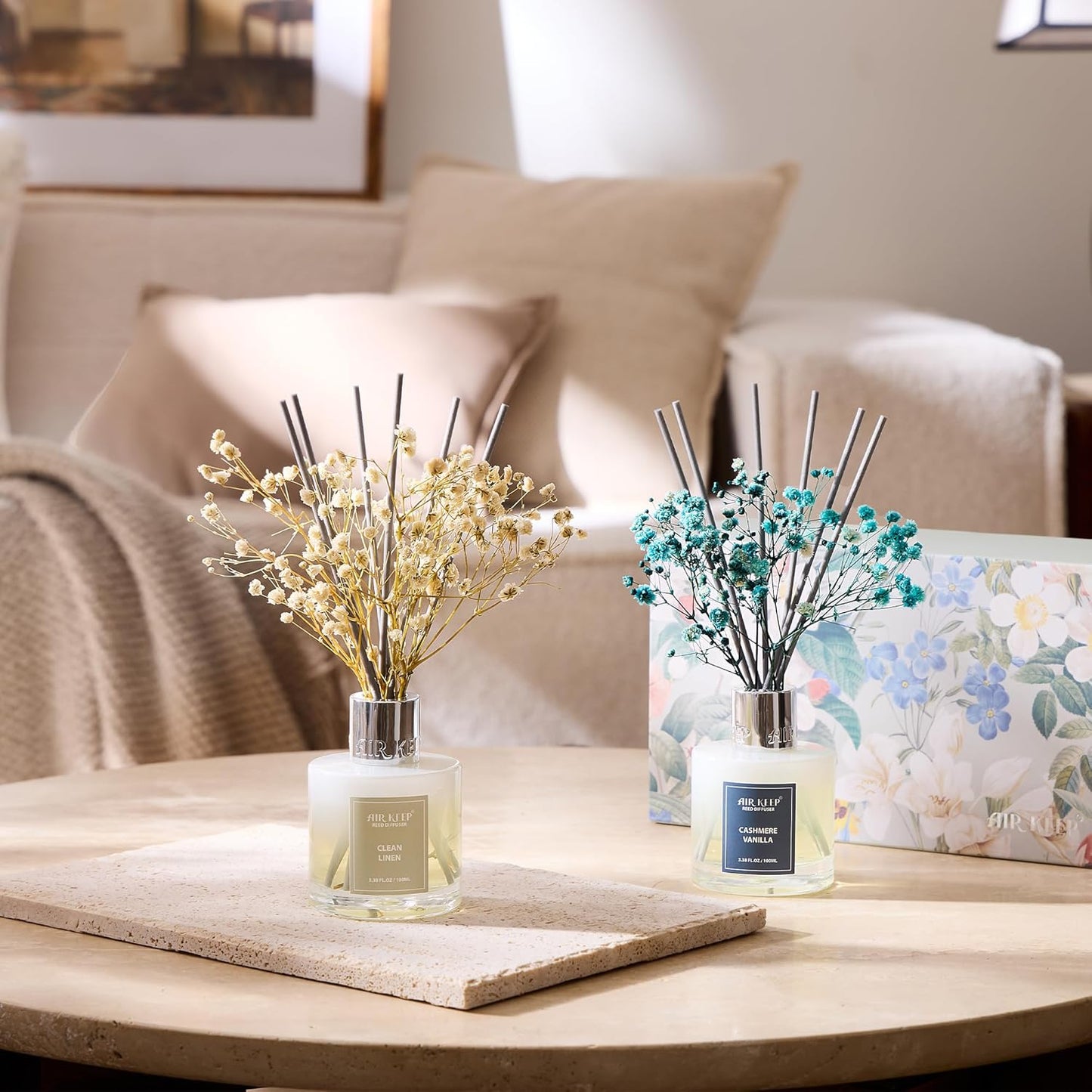 Airkeep Reed Diffuser Set,3.38 fl oz (100 ml) - Clean Linen Oil Diffusers with 8 Reed Sticks,Home Fragrance Reed Diffuser for Bathroom Shelf Decor