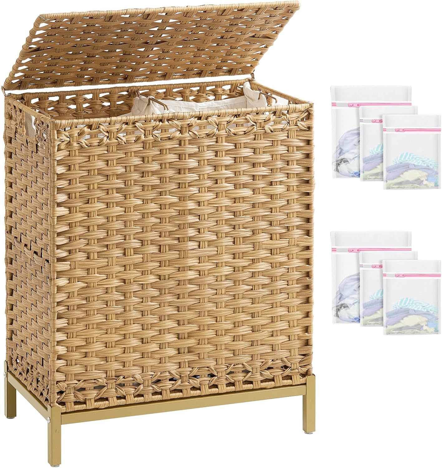 SETVSON Laundry Hamper with Lid 132 L, (35 Gallons) Clothes Hamper with Lid, Handwoven Rattan Laundry Hamper with Metal Heightened Feet, Laundry Hampers with 3 Removable Liner Bags for Laundry-Natural