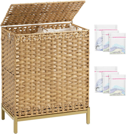 SETVSON Laundry Hamper with Lid 132 L, (35 Gallons) Clothes Hamper with Lid, Handwoven Rattan Laundry Hamper with Metal Heightened Feet, Laundry Hampers with 3 Removable Liner Bags for Laundry-Natural