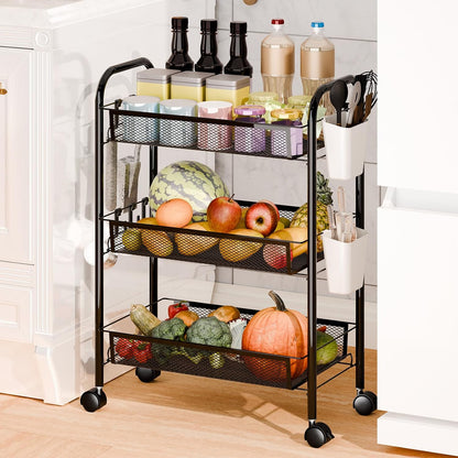 5-Tier Rolling Cart, Stackable Fruit Vegetable Rack, Kitchen Mesh Storage Basket with 360 Degree Wheels, Snack Cart for Kitchen Pantry Bathroom Organizer Heighten Guardrail Detachable (5-Tier Black)
