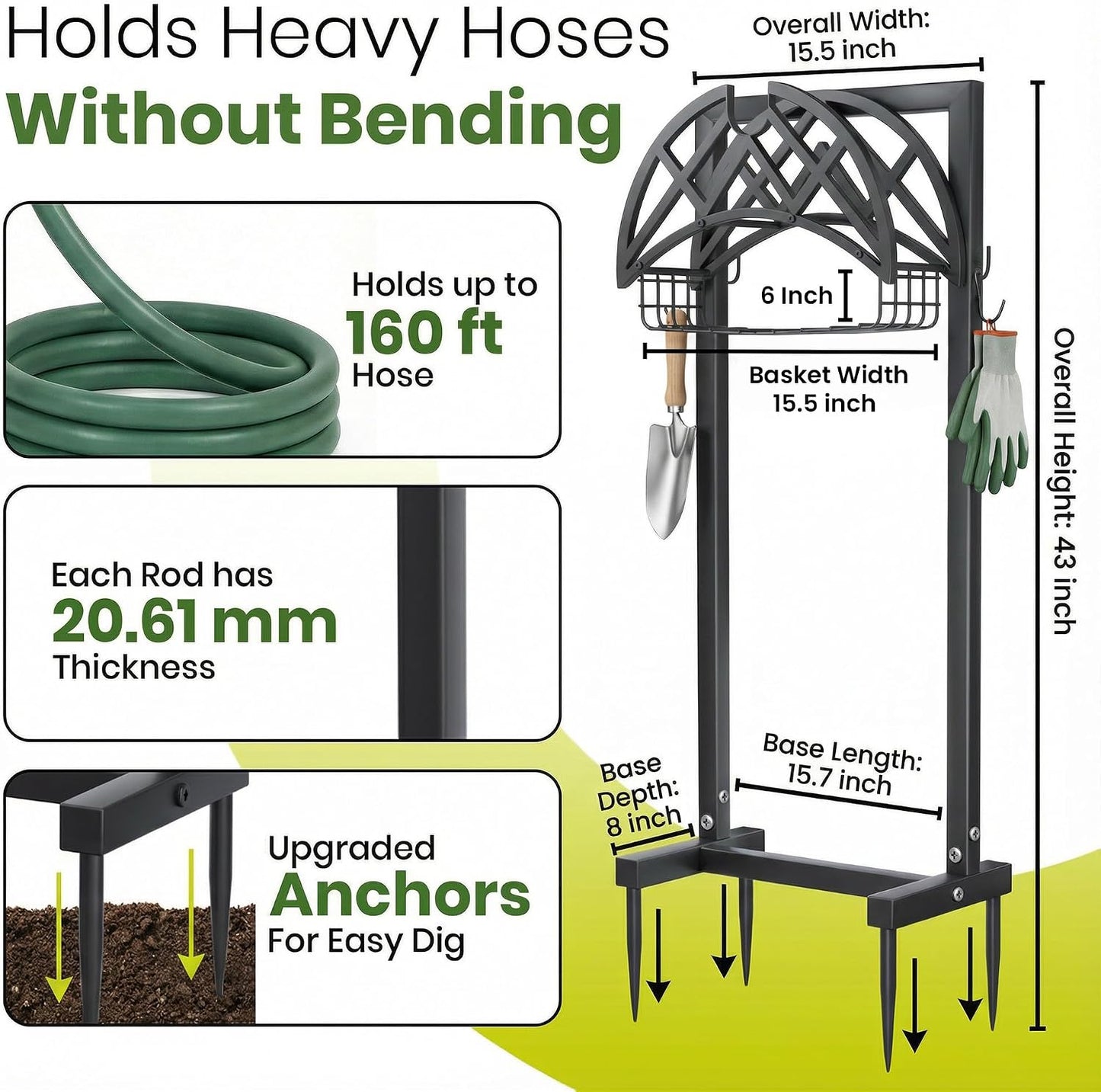 Oriva Garden Hose Holder Stand, Freestanding Water Hose Holder for Outside, Heavy Duty Rust-Resistant Metal Hose Hanger w/ 4-Spike Base, Holds upto 160ft, Outdoor Hose Storage for Yard, Lawn & Garden