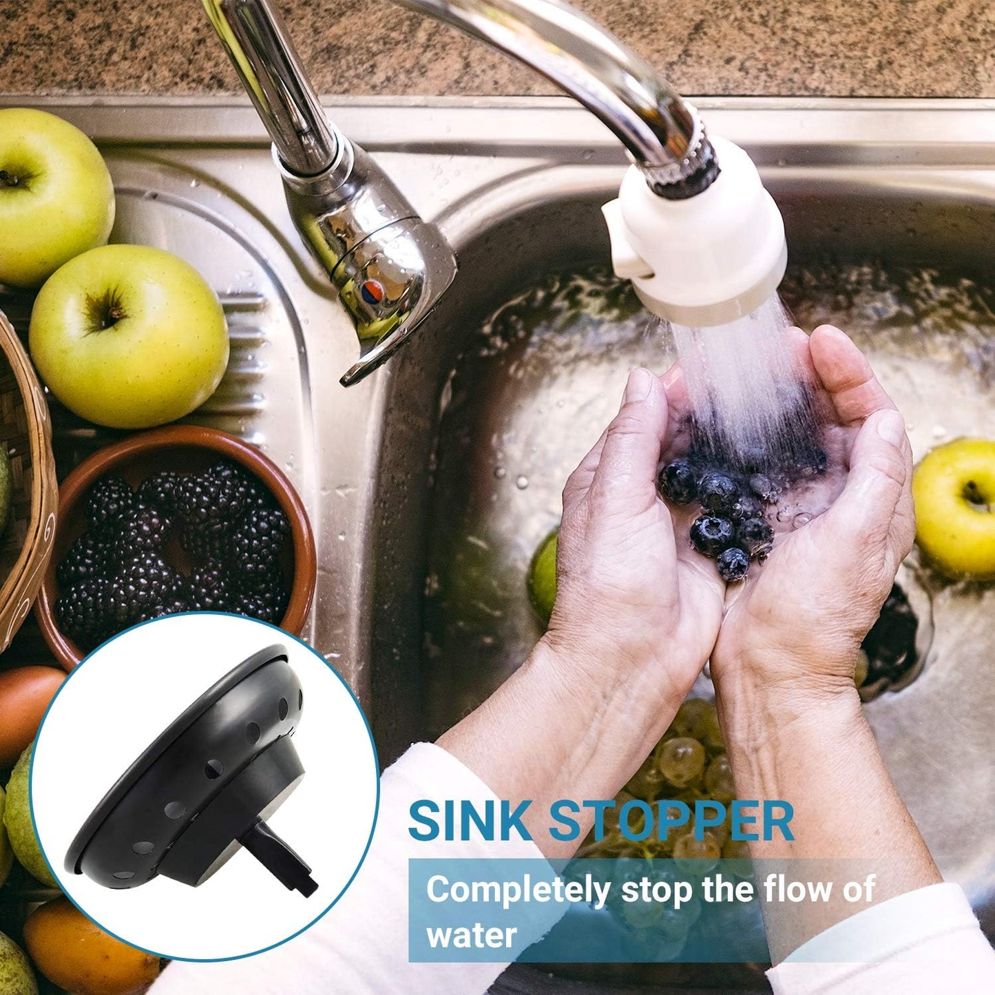 KONE 2PCS Kitchen Sink Basket Strainer Replacement for 3-1/2 Inch Standard Drains Brushed Stainless Steel Body Metal Center Knob with Rubber Stopper