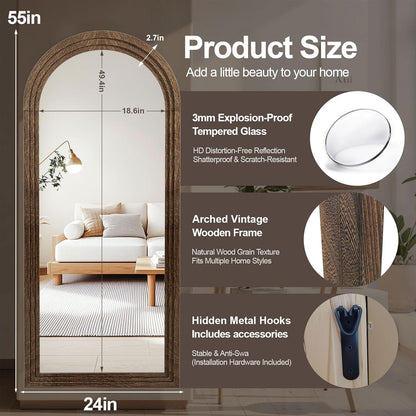 Delma Arched Full Length Floor Mirror with Stand, 75x35 Rustic Farmhouse Solid Wood Frame Wall Mirror for Bedroom, Living Room, Vertical Hanging & Standing(Brown)