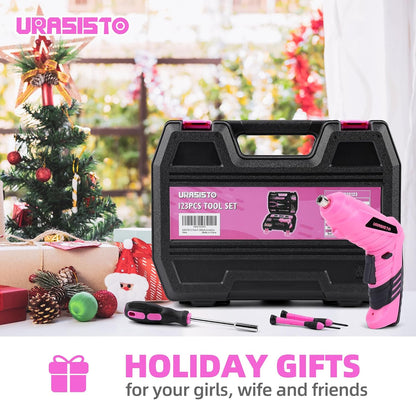 URASISTO 123 Piece Pink Household Tool Set with 3.6V USB Electric Screwdriver, Home Tool Kit with Cordless Lithium-ion Drill Driver, HandTool Kits for Women
