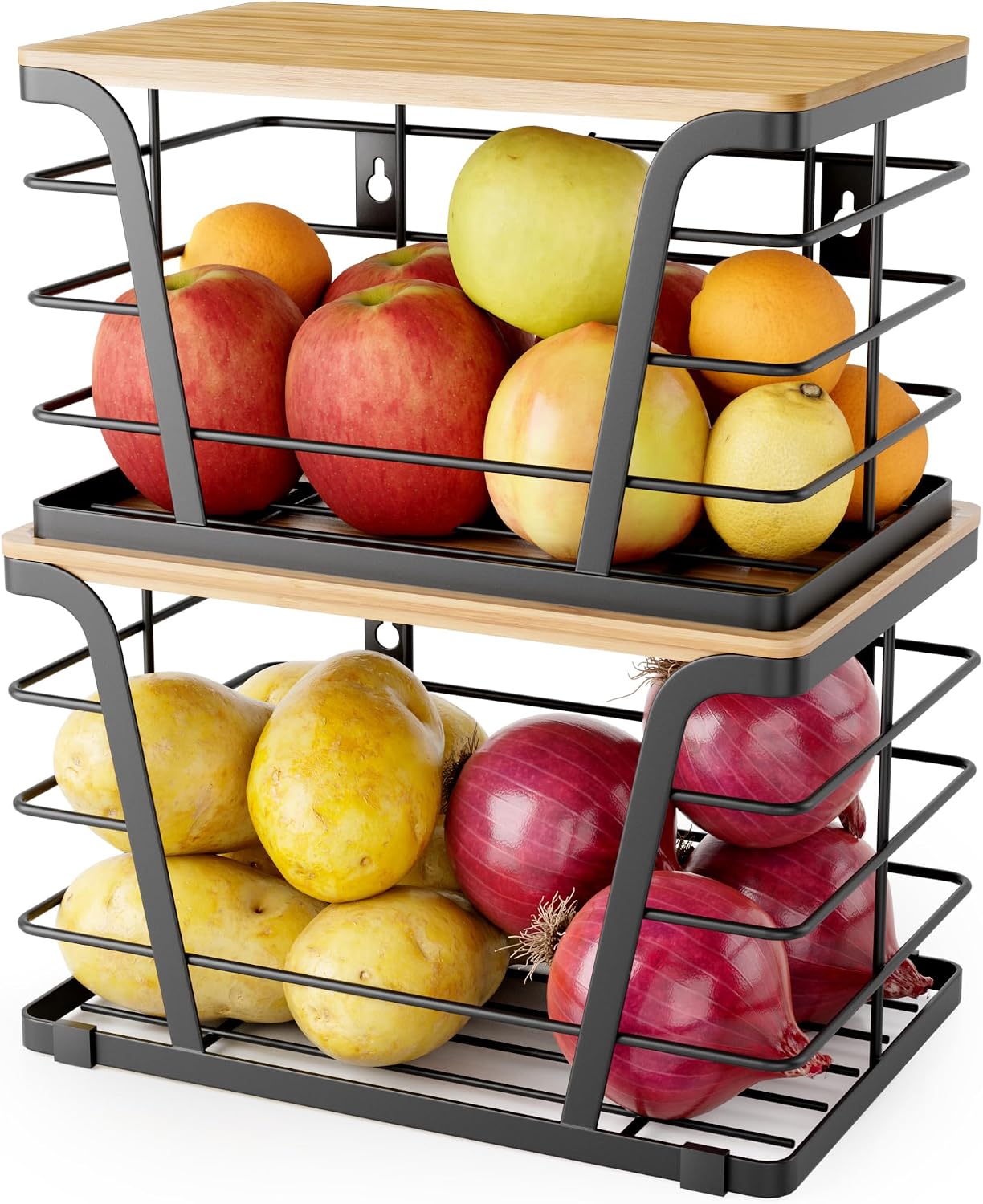 TIDIIABODE 2 Pack Stackable Storage Laundry Kitchen Organizers, Wall Mount Trash Bag Holder with Bamboo Top and Garbage Bag Dispenser No Drill