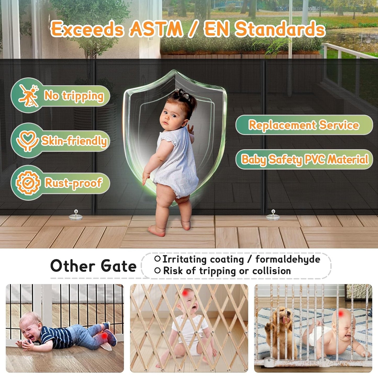 200'' Retractable Baby Gates Extra Wide,34" Tall Retractable Dog Gate for Doorways,Extra Long Retractable Baby Gate for Stairs,Kitchen,Indoor/Outdoor Retractable Gate with Fiberglass Reinforcement Rod