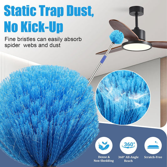 Cobweb Duster with Extension Pole - 6 FT Lightweight Stainless Steel Extendable Duster Ceiling Fan Duster for High Ceilings, Medium Stiff PET Bristle Spider Web Brush for Indoor/Outdoor Cleaning