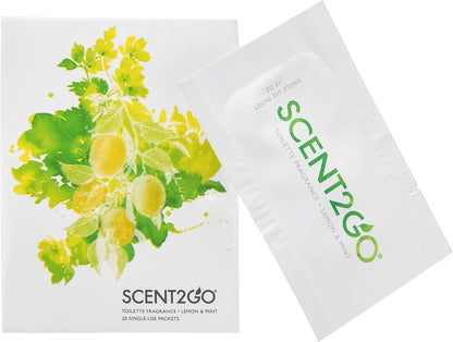 Scent2Go Toilet Odor Eliminator Powder – Before-You-Go Bathroom Deodorizer – Travel Size Single-Use Packets – No Spray, No Bottle, No Leak – TSA-Friendly, Plant-Based – Lemon + Mint, 20 Count