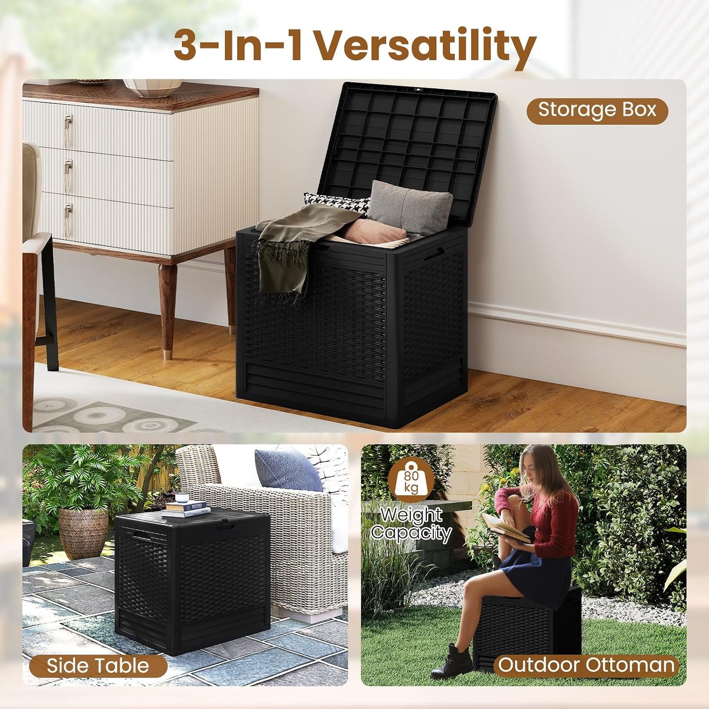 Tangkula 25 Gallon Waterproof Outdoor Storage Box with Lockable Lid | PP Resin, Wicker Patterned, Indoor Outdoor Use, Portable, Versatility, for Deck, Pool, Patio Cushions, Garden Tools